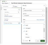 Screenshot showing employment status filter with fields completed